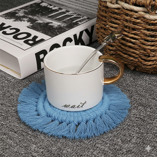 Blue Macrame Round Coasters | Handcrafted Cotton Coasters Set of 2