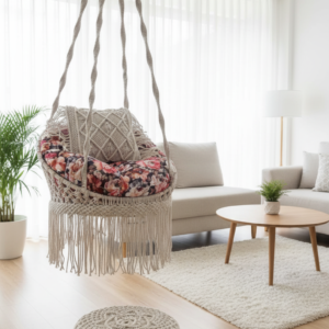 Macrame Swing Chair with Floral Cushion and Ottoman