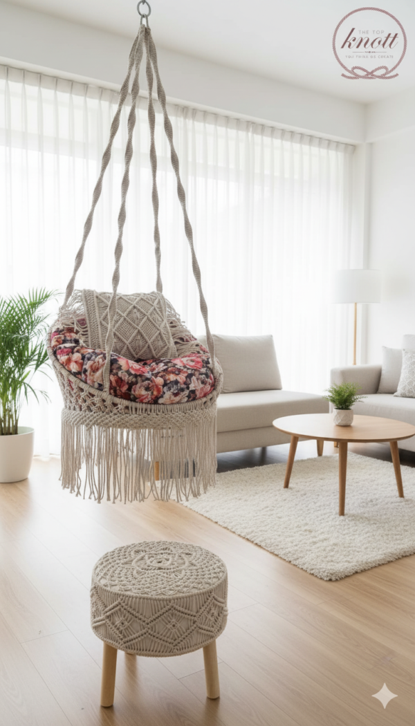 Macrame Swing Chair with Floral Cushion and Ottoman
