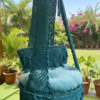 Boho-Chic Teal Macrame Swing Chair with Velvet Cushion