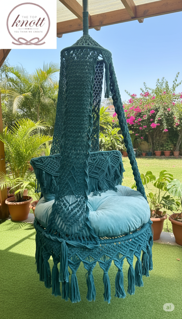 Boho-Chic Teal Macrame Swing Chair with Velvet Cushion