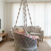 Macrame Swing Chair with Floral Cushion and Ottoman