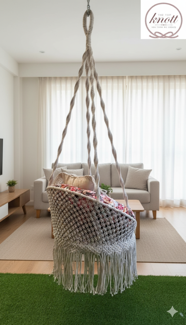 Macrame Swing Chair with Floral Cushion and Ottoman