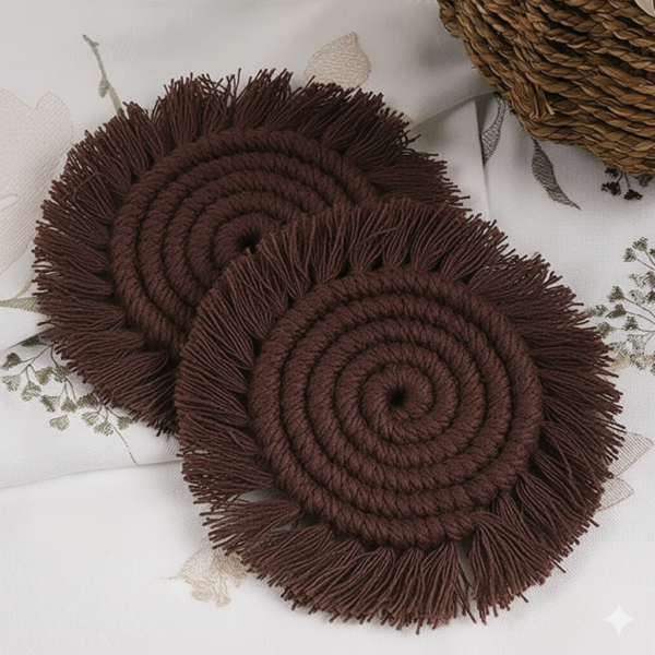 Brown Macrame Round Coasters | Handcrafted Cotton Coasters Set of 2