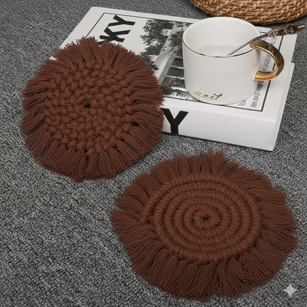 Brown Macrame Round Coasters | Handcrafted Cotton Coasters Set of 2