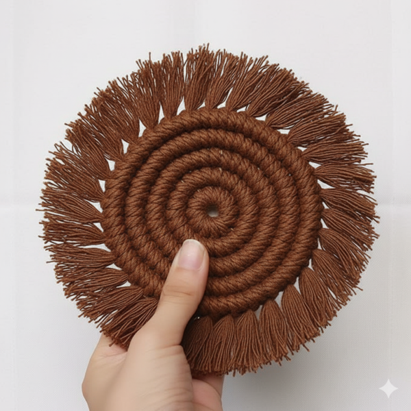 Brown Macrame Round Coasters | Handcrafted Cotton Coasters Set of 2