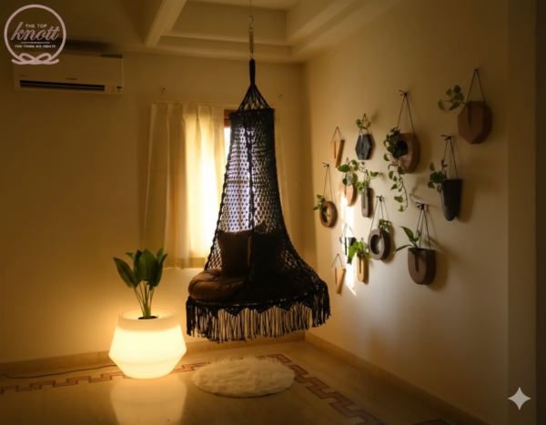Handcrafted Black Macramé Hanging Chair – Boho Indoor Swing