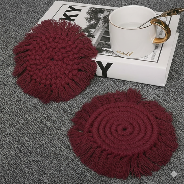 Maroon Macrame Round Coasters | Handmade Cotton Coasters Set of 2