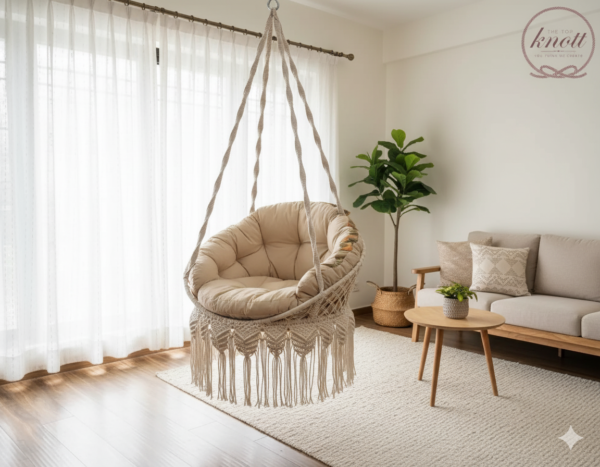 The Top Knott Premium Macrame Hanging Swing Chair with Floral Cushion