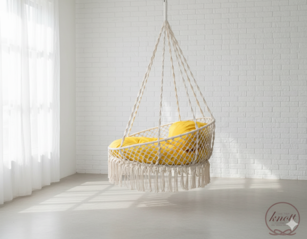 Macrame Round Swing Chair with Yellow Cushion