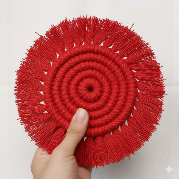Red Macrame Round Coasters | Handmade Cotton Coasters Set of 2