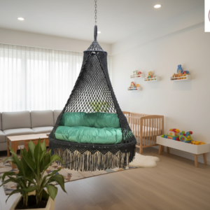 Boho Black Macramé Hanging Chair with Cushion