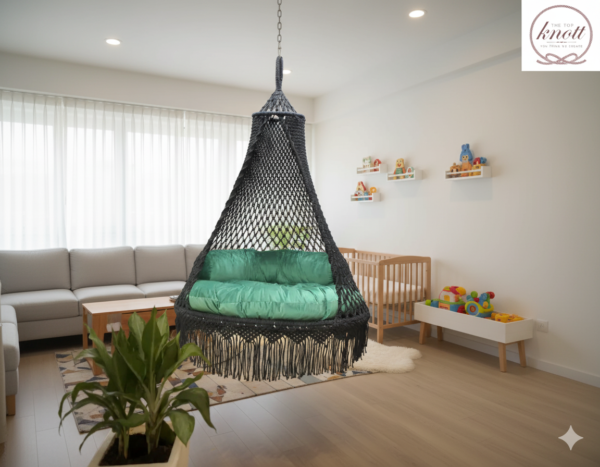 Boho Black Macramé Hanging Chair with Cushion