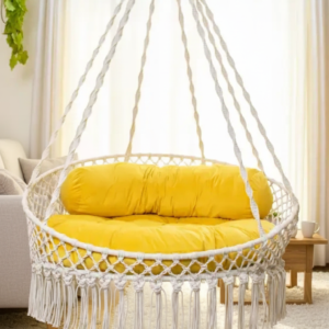 Macrame Round Swing Chair with Yellow Cushion