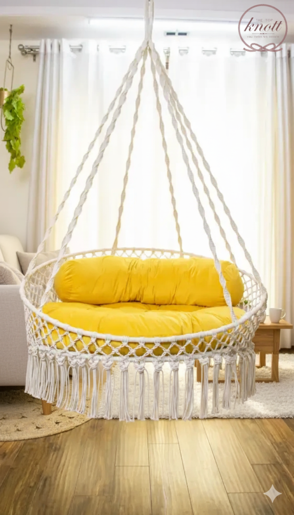 Macrame Round Swing Chair with Yellow Cushion