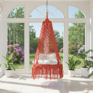 Enhance your home with the Scarlet Rose macramé swing chair. Handcrafted with vibrant scarlet patterns, soft cushions, and bohemian charm — perfect for cozy indoor relaxation.