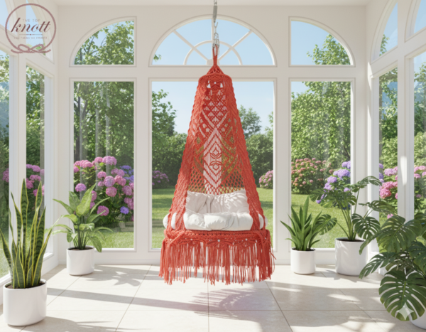 Enhance your home with the Scarlet Rose macramé swing chair. Handcrafted with vibrant scarlet patterns, soft cushions, and bohemian charm — perfect for cozy indoor relaxation.