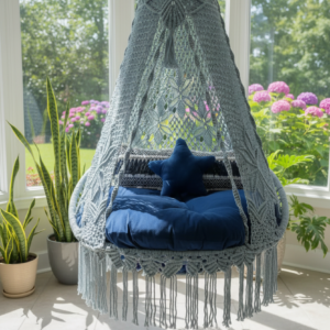 The Top Knott Azure Bliss Macramé Swing Chair with Canopy