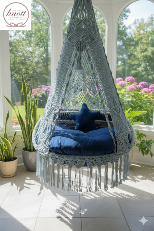 The Top Knott Azure Bliss Macramé Swing Chair with Canopy