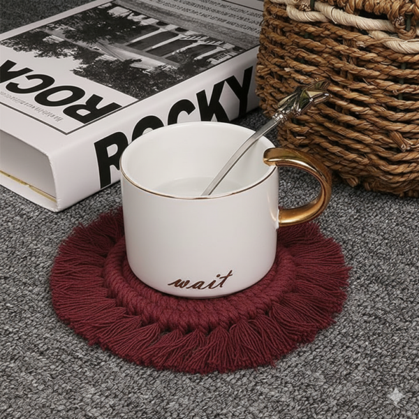 Maroon Macrame Round Coasters | Handmade Cotton Coasters Set of 2