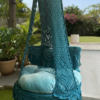 Boho-Chic Teal Macrame Swing Chair with Velvet Cushion
