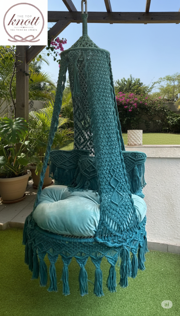 Boho-Chic Teal Macrame Swing Chair with Velvet Cushion