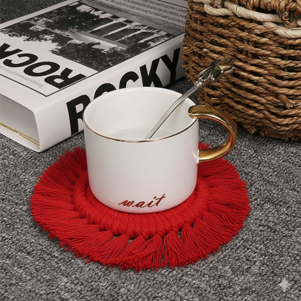 Red Macrame Round Coasters | Handmade Cotton Coasters Set of 2