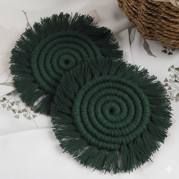 Green Macrame Round Coasters – Set of 2 | Handcrafted Cotton Table Décor