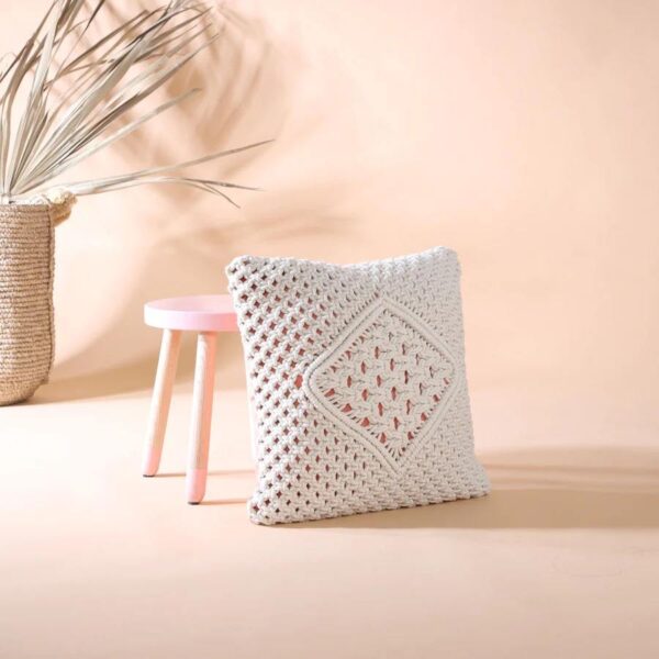 Shop The Top Knott diamond macrame cushion cover — handcrafted cotton throw pillow in off-white. Perfect for boho, modern, or minimal home décor styles.