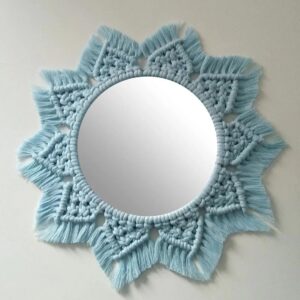 Blue Macramé Round Wall Mirror for Boho Home Décor