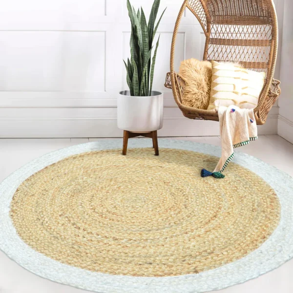 Handwoven Round Jute Rug with White Border