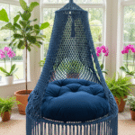 The Top Knott Handcrafted Navy Blue Macramé Canopy Swing Chair with Cushions