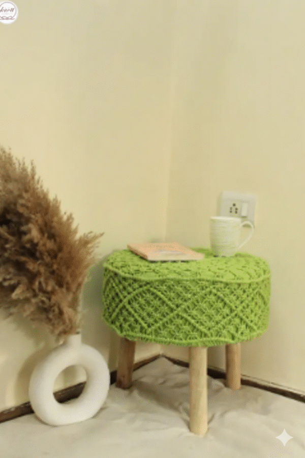 Handcrafted Macramé Round Stool with Wooden Legs