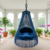 The Top Knott Handcrafted Navy Blue Macramé Canopy Swing Chair with Cushions