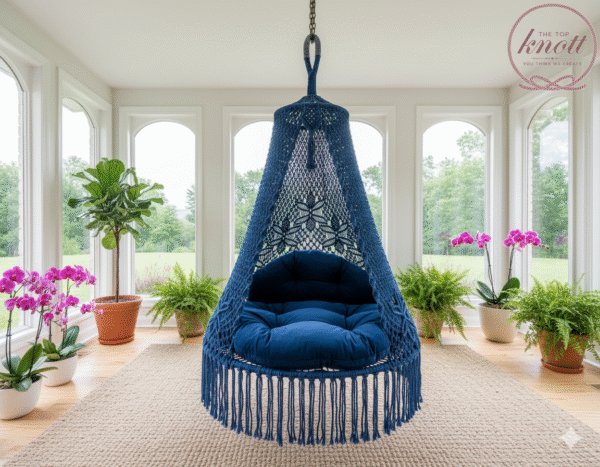 The Top Knott Handcrafted Navy Blue Macramé Canopy Swing Chair with Cushions