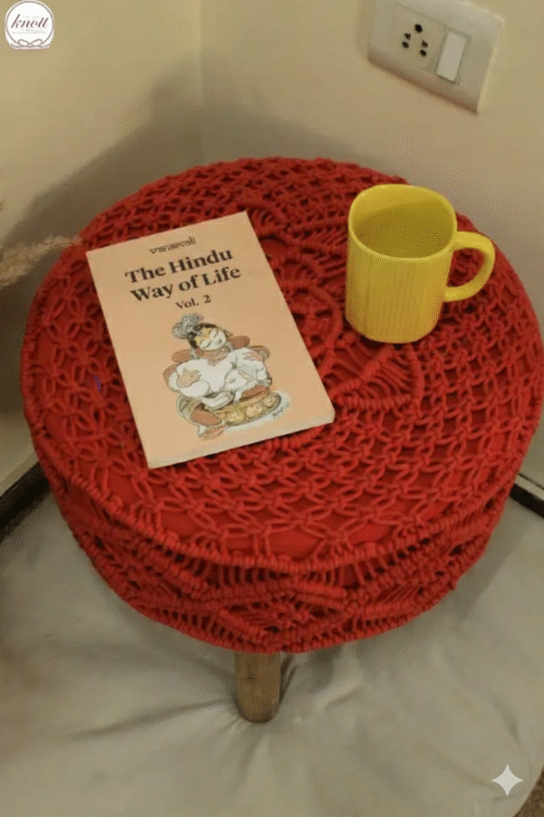 Handcrafted Red Macramé Stool With Pampas Grass