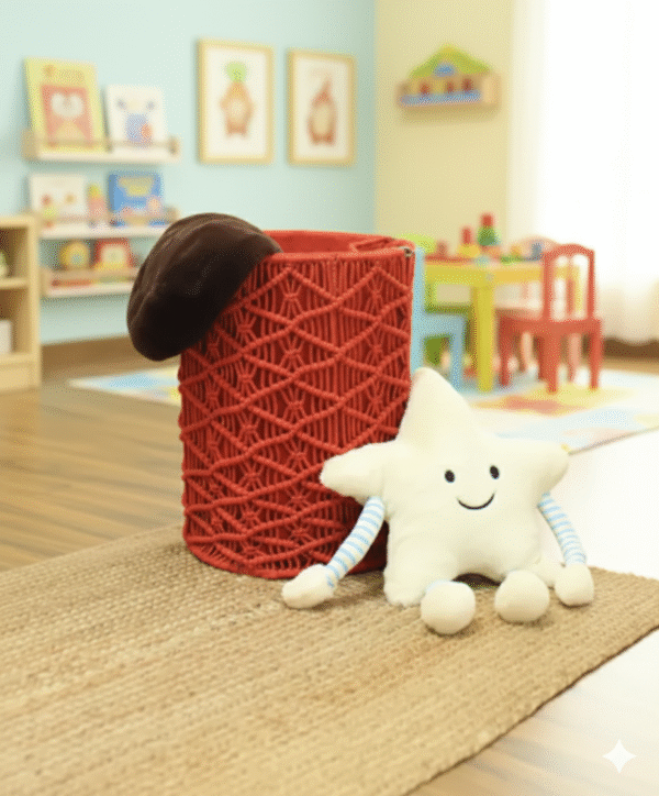 Red Woven Basket & Star Plush Toy – Cute Kids Room Decoration