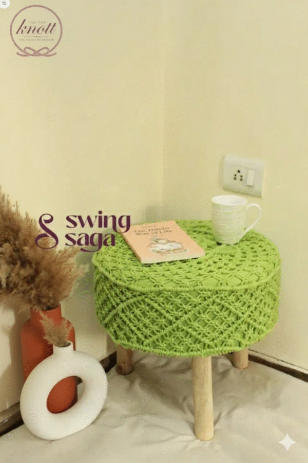 Handcrafted Macramé Round Stool with Wooden Legs