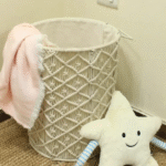 Macrame Laundry Basket with Soft Pink Throw