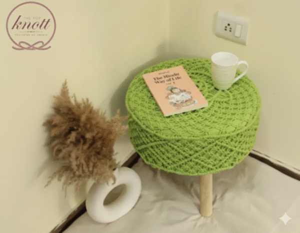 Handcrafted Macramé Round Stool with Wooden Legs