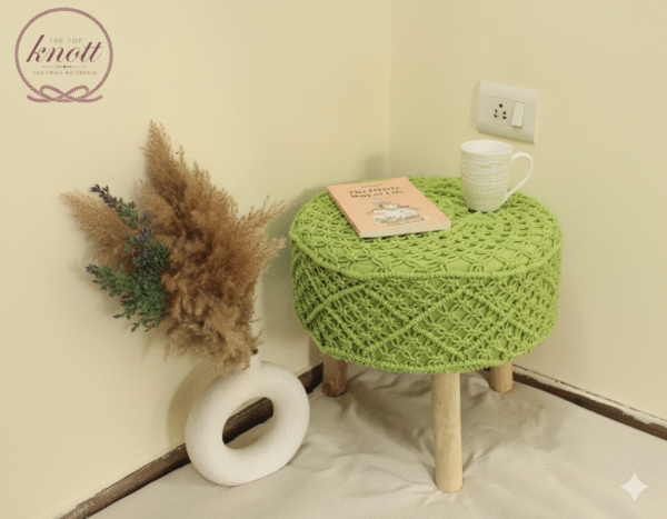 Handcrafted Macramé Round Stool with Wooden Legs
