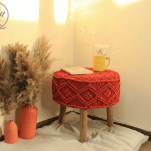 Handcrafted Red Macramé Stool With Pampas Grass