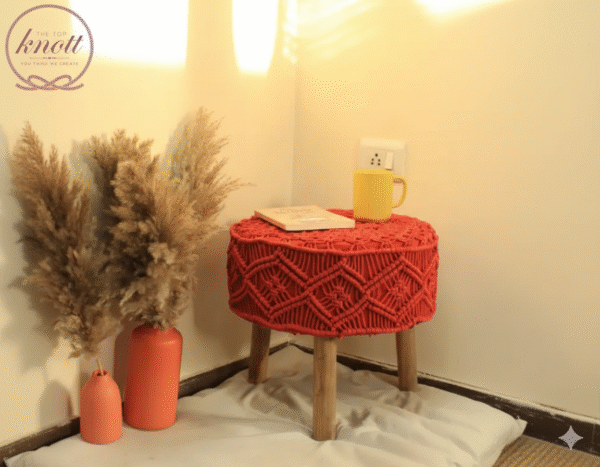 Handcrafted Red Macramé Stool With Pampas Grass