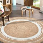 Handwoven Round Jute Rug with White Spiral Design