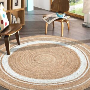 Handwoven Round Jute Rug with White Spiral Design