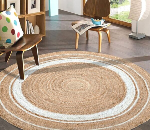 Handwoven Round Jute Rug with White Spiral Design