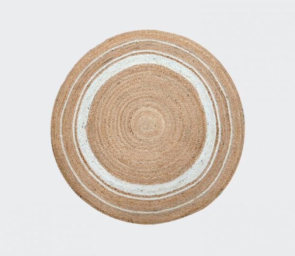 Handwoven Round Jute Rug with White Spiral Design