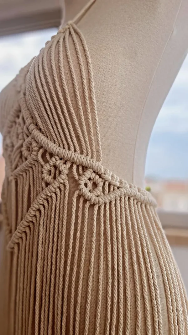 Handmade Macramé Fringe Dress with Deep