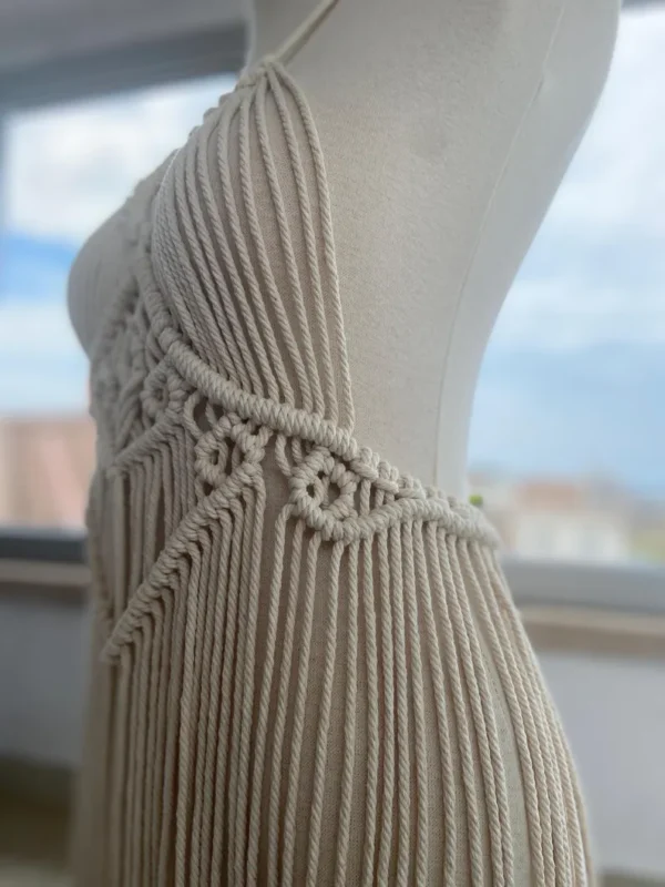 Handmade Macramé Fringe Dress with Deep