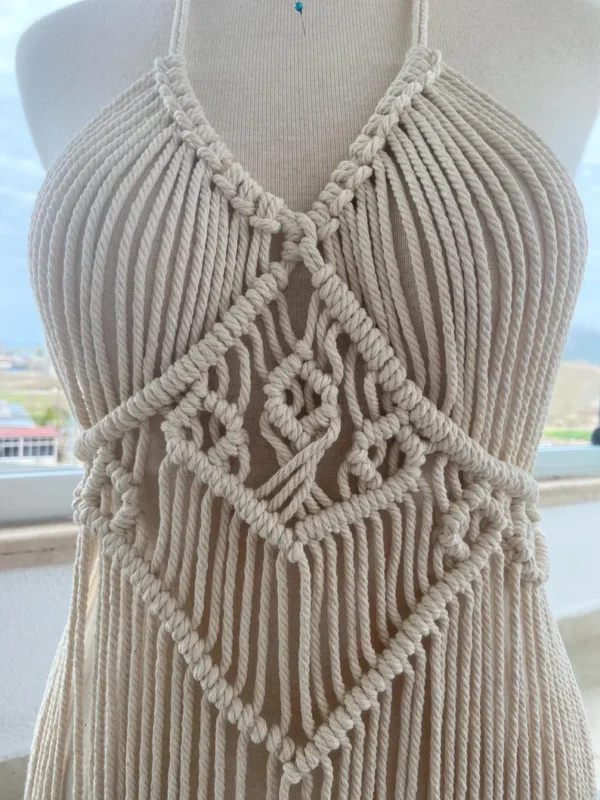 Handmade Macramé Fringe Dress with Deep
